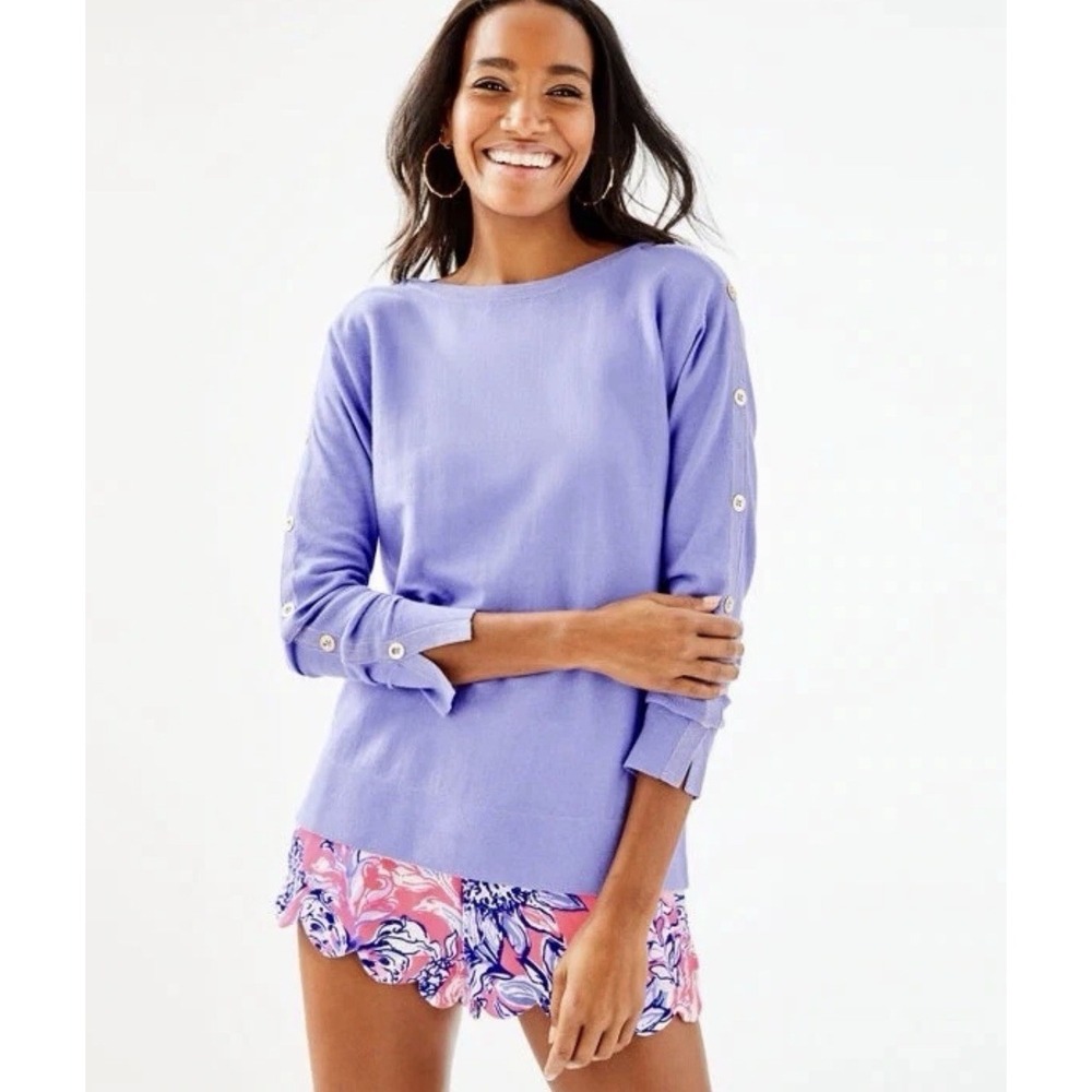 Lilly Pulitzer Milton Coolmax Sweater Heathered Whisper Blue Gold Button Large